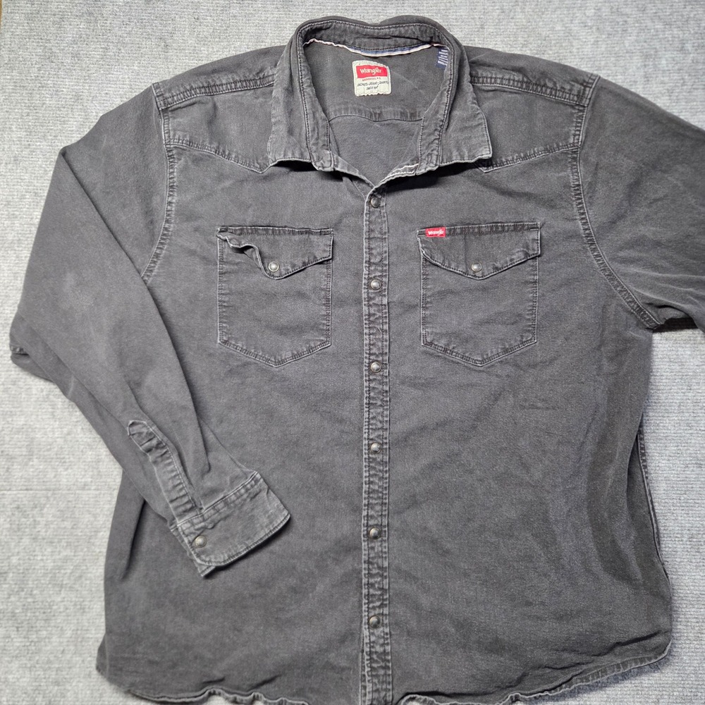 Wrangler Mens 2XL Black Denim Western Pearl Snap Shirt Cowboy Faded Long Sleeve